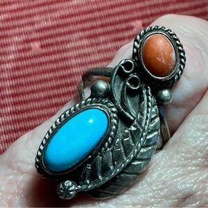 Stamped 925 Sterling Silver Navajo Turquoise/Coral Ring Size 5.25 Vintage